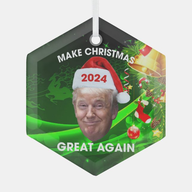 Funny Santa Trump 2024 Make Christmas Great Again  Glass Tree Decoration (Front)
