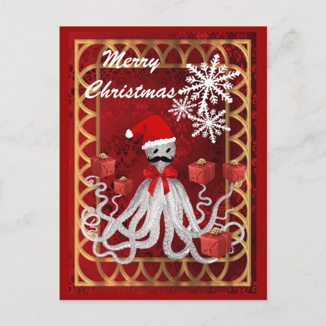 Funny Santa vintage steampunk Christmas octopus Holiday Postcard (Front)
