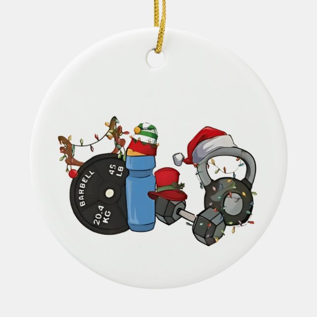Funny Santa Weightlifting Dumbbells Gym Christmas Ceramic Tree Decoration (Front)