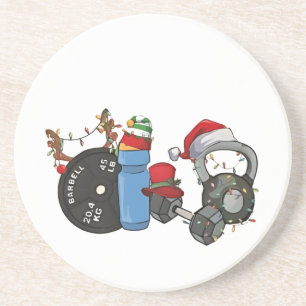 Funny Santa Weightlifting Dumbbells Gym Christmas Coaster