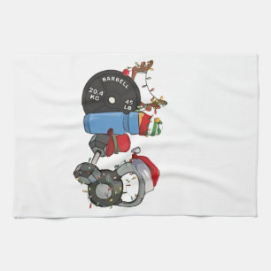 Funny Santa Weightlifting Dumbbells Gym Christmas Tea Towel