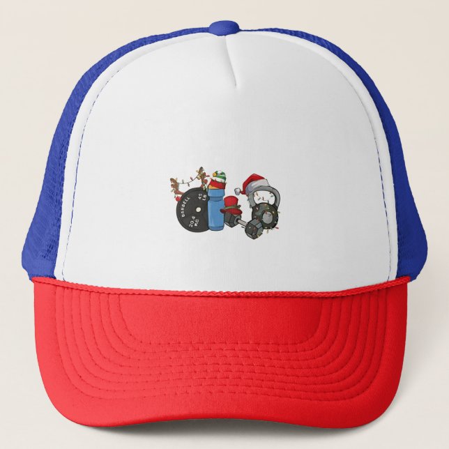 Funny Santa Weightlifting Dumbbells Gym Christmas Trucker Hat (Front)
