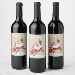 Funny Santa with Christmas Tree Watercolor Holiday Wine Label
