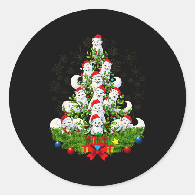 Funny Santa Xmas Arctic Fox Christmas Tree  Classic Round Sticker (Front)