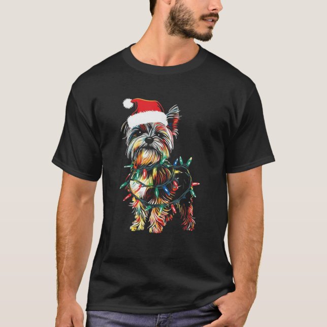Funny Santa Yorkie Retriever Christmas Lights Dog  T-Shirt (Front)