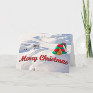 Funny Santa's Elf Hat On A Snow Drift Photo Custom Holiday Card