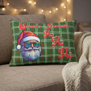 Funny Santa's Favourite Ho Retro Green Plaid Decorative Cushion