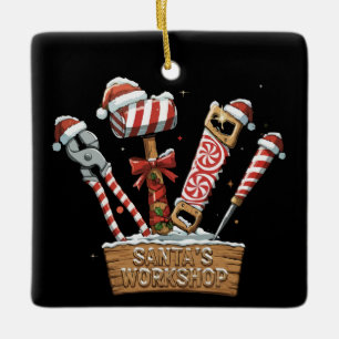 Funny Santa's Workshop Candy Cane Handyman Tools Ceramic Ornament