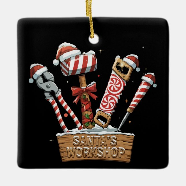 Funny Santa's Workshop Candy Cane Handyman Tools Ceramic Ornament (Front)