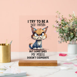 Funny sarcasm cat nice person word art acrylic sign