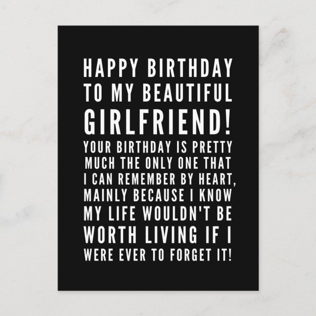Funny sarcastic birthday wishes for a girlfriend postcard (Front)