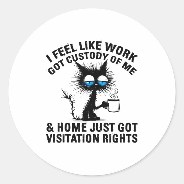 Funny Sarcastic Cat I Feel Like Work Got Custody O Classic Round Sticker (Front)