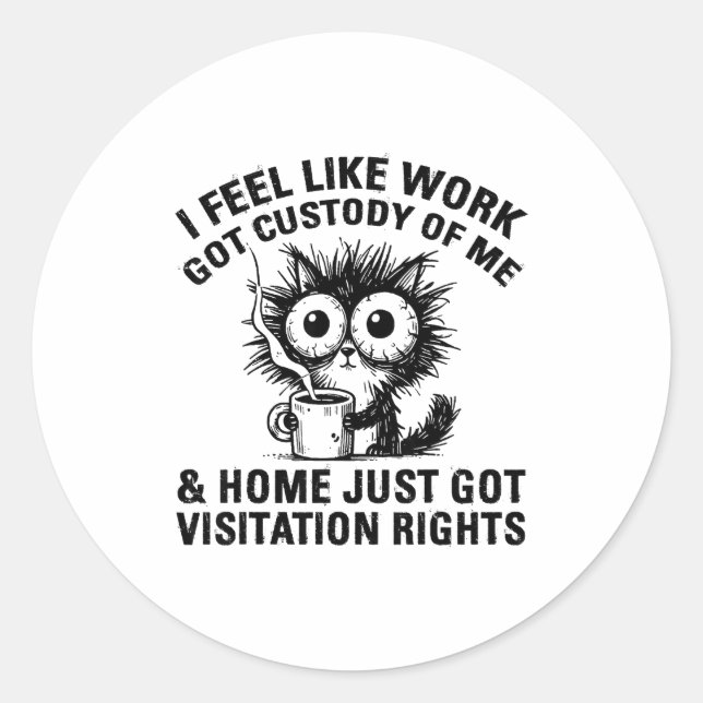 Funny Sarcastic Cat I Feel Like Work Got Custody O Classic Round Sticker (Front)