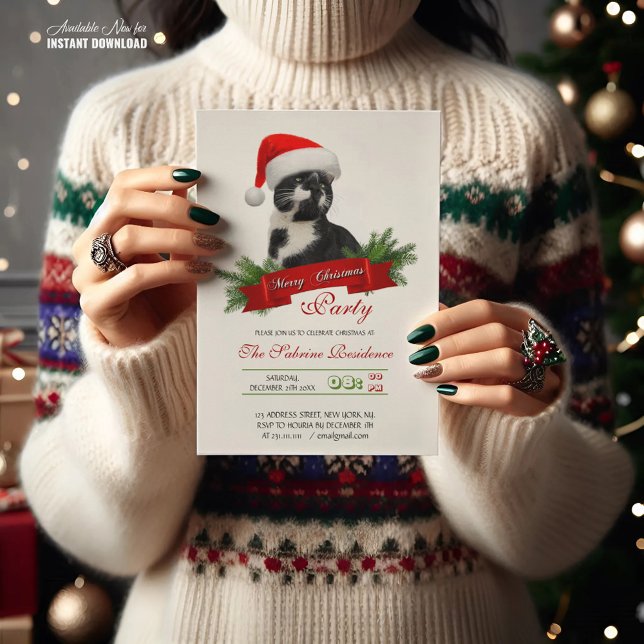Funny Sarcastic Cat Santas Hat Christmas Party Invitation (Creator Uploaded)