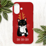 Funny Sarcastic Christmas Cat iPhone 16 Case<br><div class="desc">A sarcastic,  bored and unenthusiastic black and white tuxedo cat with Christmas antlers.  Ho ho ho,  and all that. Change or delete the text if you prefer.</div>