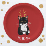 Funny Sarcastic Christmas Cat Paper Plate<br><div class="desc">A sarcastic and unenthusiastic black and white tuxedo cat with Christmas antlers.  Ho ho ho,  and all that.
Personalise by changing or removing the text.</div>