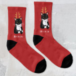 Funny Sarcastic Christmas Cat Socks<br><div class="desc">A sarcastic,  annoyed and unenthusiastic black and white Bicolor tuxedo cat with Christmas antlers.  Ho ho ho,  and other such jovial greetings.
Change or remove the text to customize.</div>