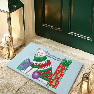 Funny Sarcastic Ugly Christmas Sweater White Cat Doormat