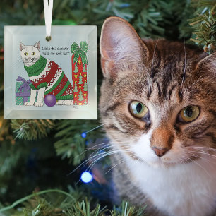 Funny Sarcastic Ugly Christmas Sweater White Cat Glass Tree Decoration