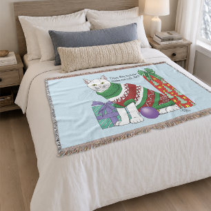 Funny Sarcastic Ugly Christmas Sweater White Cat Throw Blanket