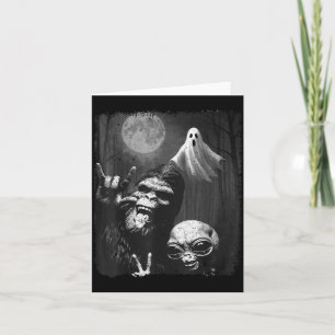 Funny Sasquatch & Alien Rock On Hand Sign Ghos Card