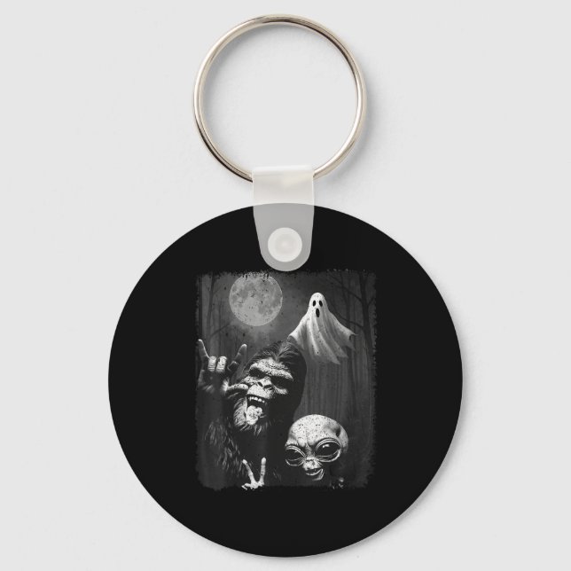 Funny Sasquatch &amp; Alien Rock On Hand Sign Ghos Key Ring (Front)