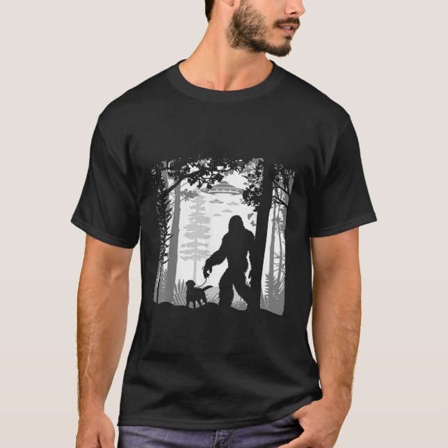 Funny Sasquatch Bigfoot Walking Dog In Woods With  T-Shirt (Front)