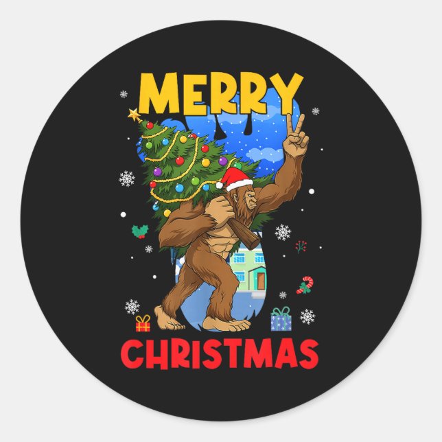 Funny Sasquatch Santa Bigfoot Christmas Tree Xmas  Classic Round Sticker (Front)