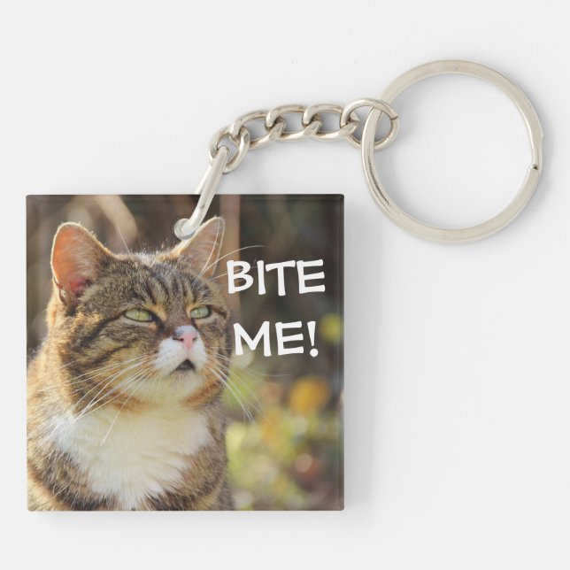 Funny Sassy Cat with Attitude Bite Me Key Ring (Back)