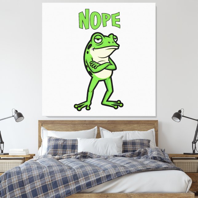 Funny Sassy Frog Nope, Grumpy Toads Cartoon Illus Canvas Print (Insitu(Bedroom))