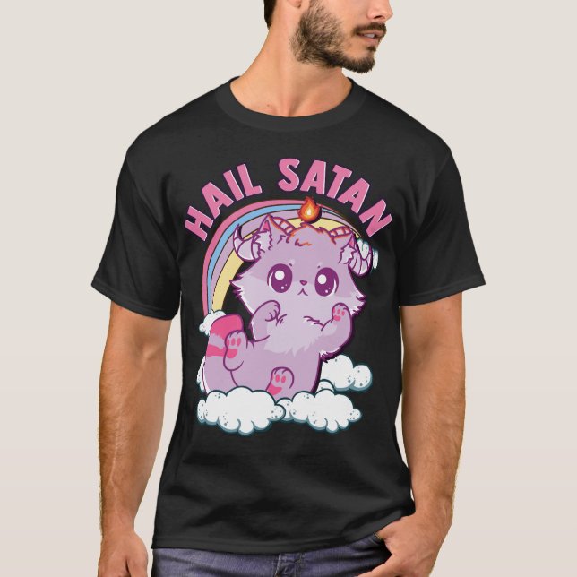 Funny Satanic Hail Satan Kitten Cute Rainbow Cat T-Shirt (Front)