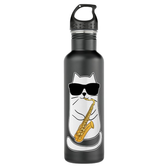 Funny Saxophone Cat Musician Jazz Music Lover Long 710 Ml Water Bottle (Front)