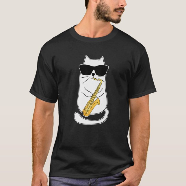 Funny Saxophone Cat Musician Jazz Music Lover T-Shirt (Front)