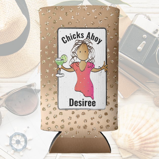 Funny Saying Girls Trip Glitter Chicks Ahoy Cruise Seltzer Can Cooler (Creator Uploaded)