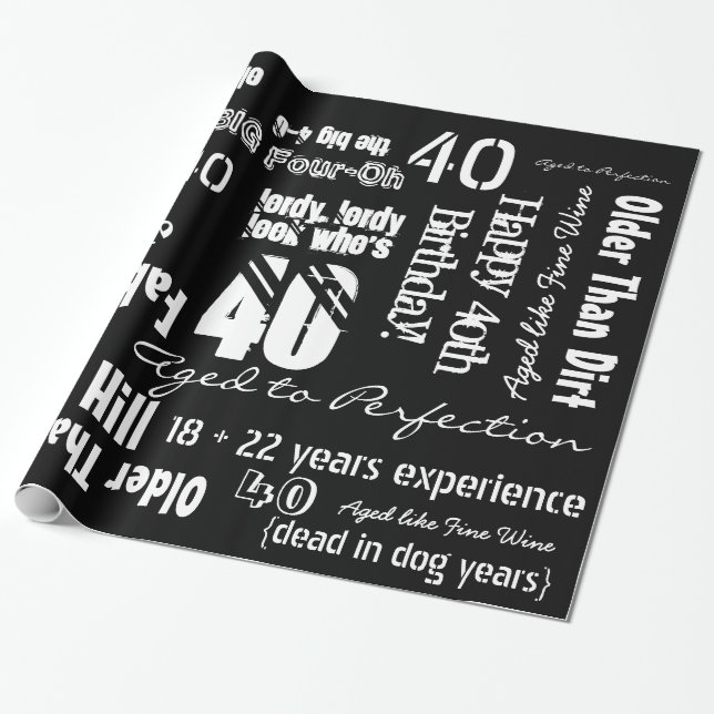 Funny Sayings 40th Birthday Black Wrapping Paper (Unrolled)