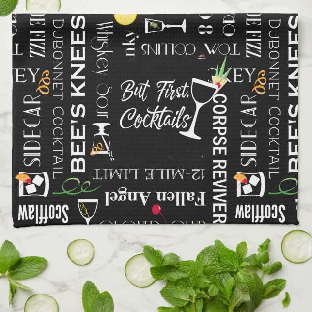 Funny Sayings l Retro Cocktail Names Pattern Tea Towel (Folded)