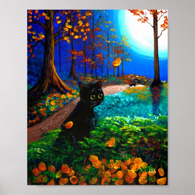 Funny Scardy Cat Fall Halloween Moon Creationarts Poster (Front)