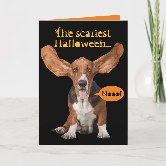 Funny Scared Basset Hound Out of Treats Halloween Card (Front)