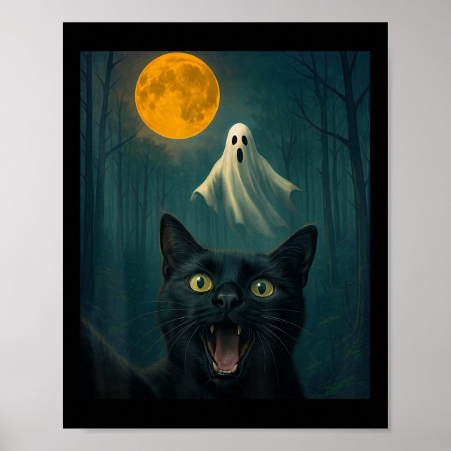 Funny Scared Cat Selfie With Ghost Halloween Day W Poster (Front)