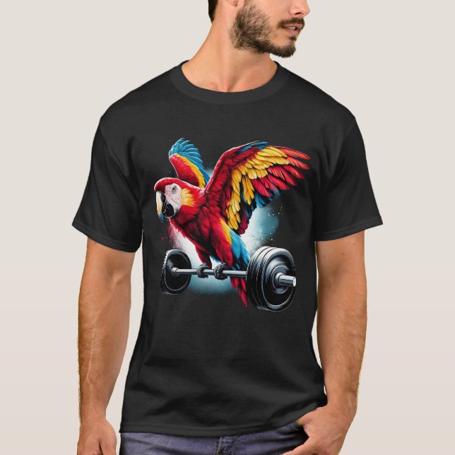 Funny Scarlet Macaw Parrot Deadlift Weightlifting T-Shirt (Front)