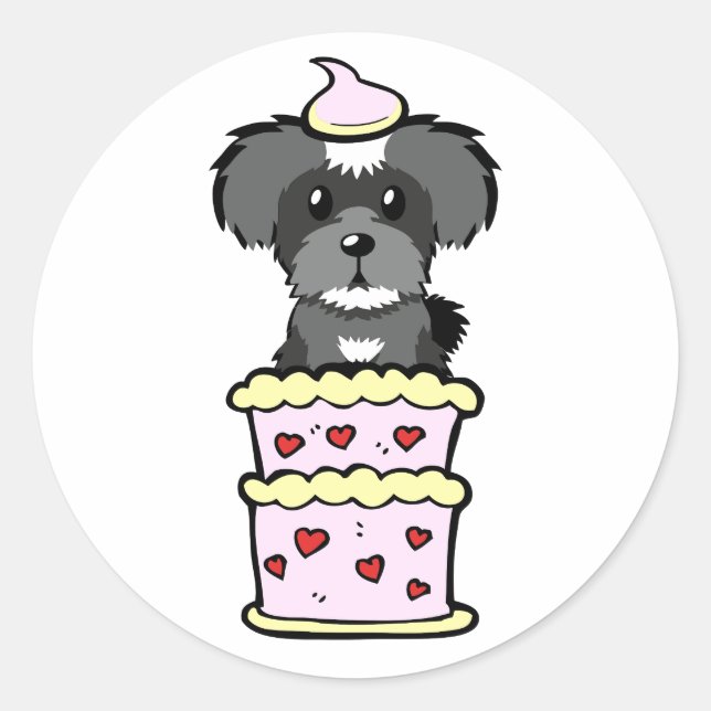 Funny schnauzer dog jumping out of a cake classic round sticker (Front)