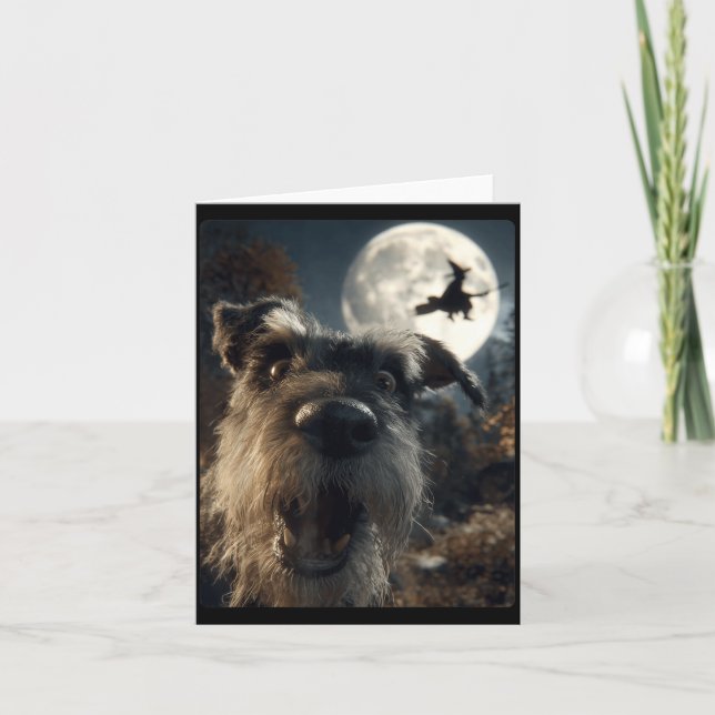 Funny Schnauzer Selfie Full Moon Flying Witch Card (Front)