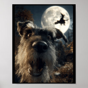 Funny Schnauzer Selfie Full Moon Flying Witch Poster