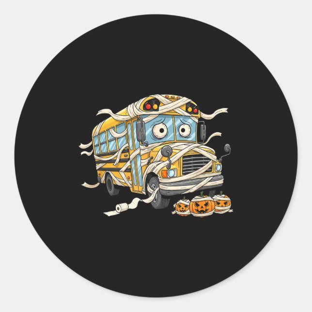 Funny School Bus Mummy Pumpkin Halloween Kids Mens Classic Round Sticker (Front)