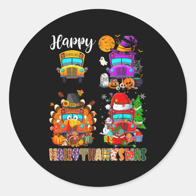 Funny School Bus Witch Turkey Santa Happy Hallotha Classic Round Sticker (Front)