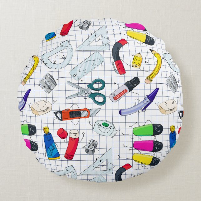 Funny school supplies characters. round cushion (Front)