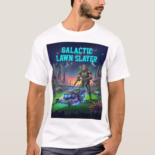 Funny Sci-fi Cosmic Mower Retro Halftone Comic T-Shirt (Front)