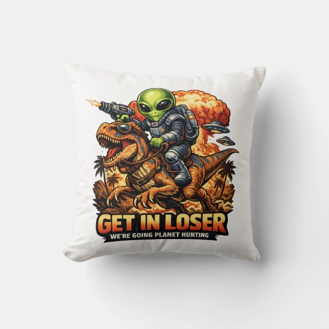 Funny Sci-Fi Fantasy Meme Art, Alien Riding Dinosa Cushion (Front)