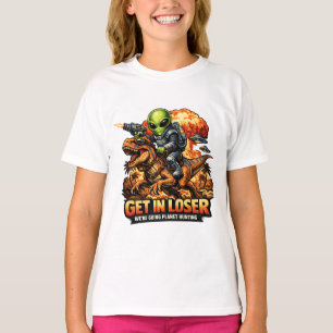 Funny Sci-Fi Fantasy Meme Art, Alien Riding Dinosa T-Shirt