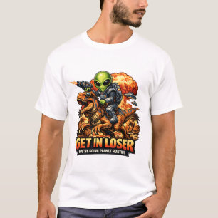 Funny Sci-Fi Fantasy Meme Art, Alien Riding Dinosa T-Shirt